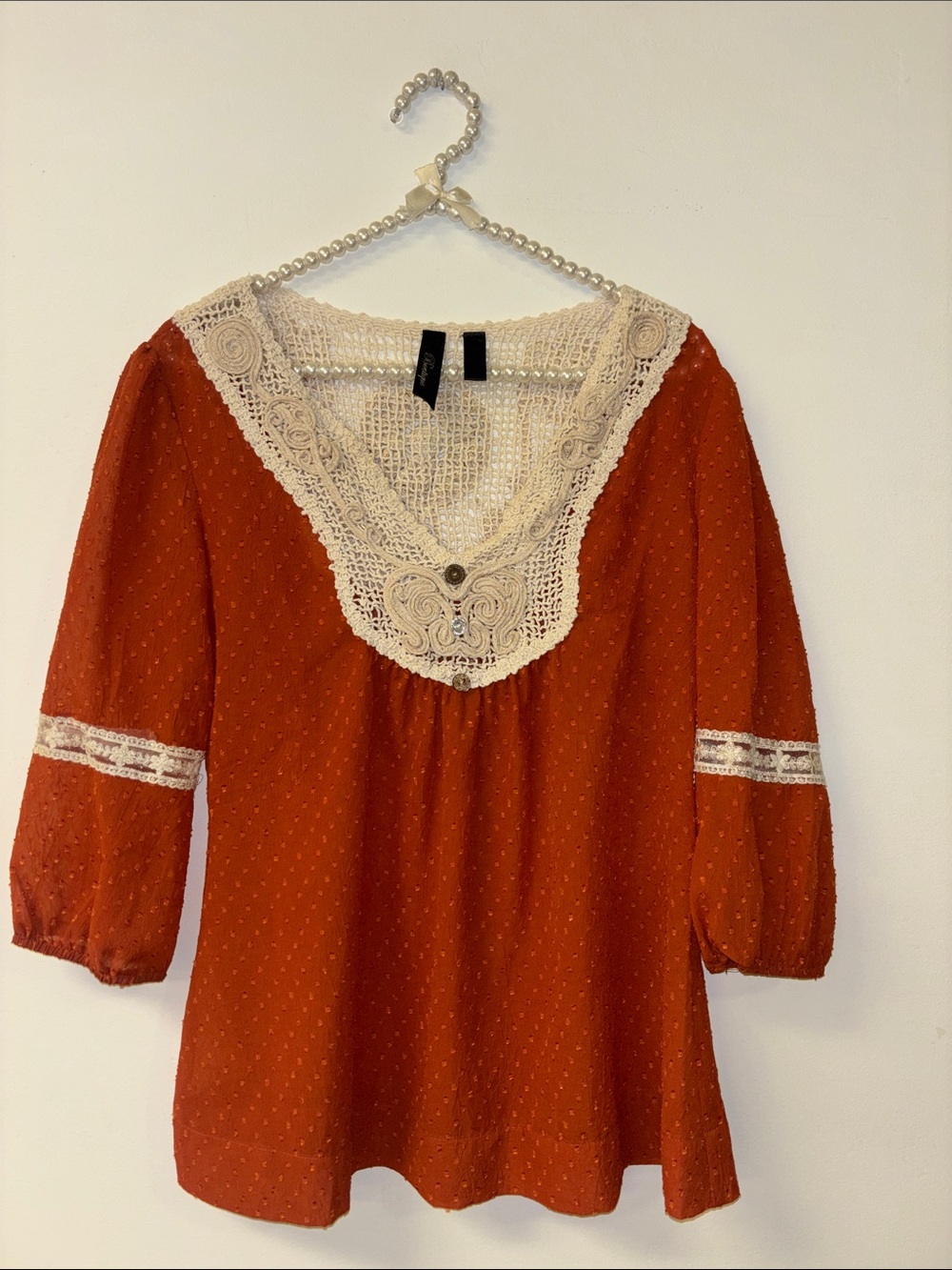 Crochet-Trim Rust Peasant Blouse - Women Tops